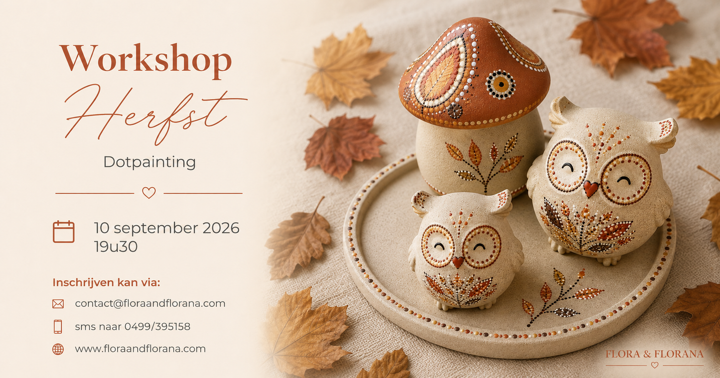 Herfstworkshop Dotpainting – sfeerbeeld met uiltjes en paddestoel in herfsttinten
