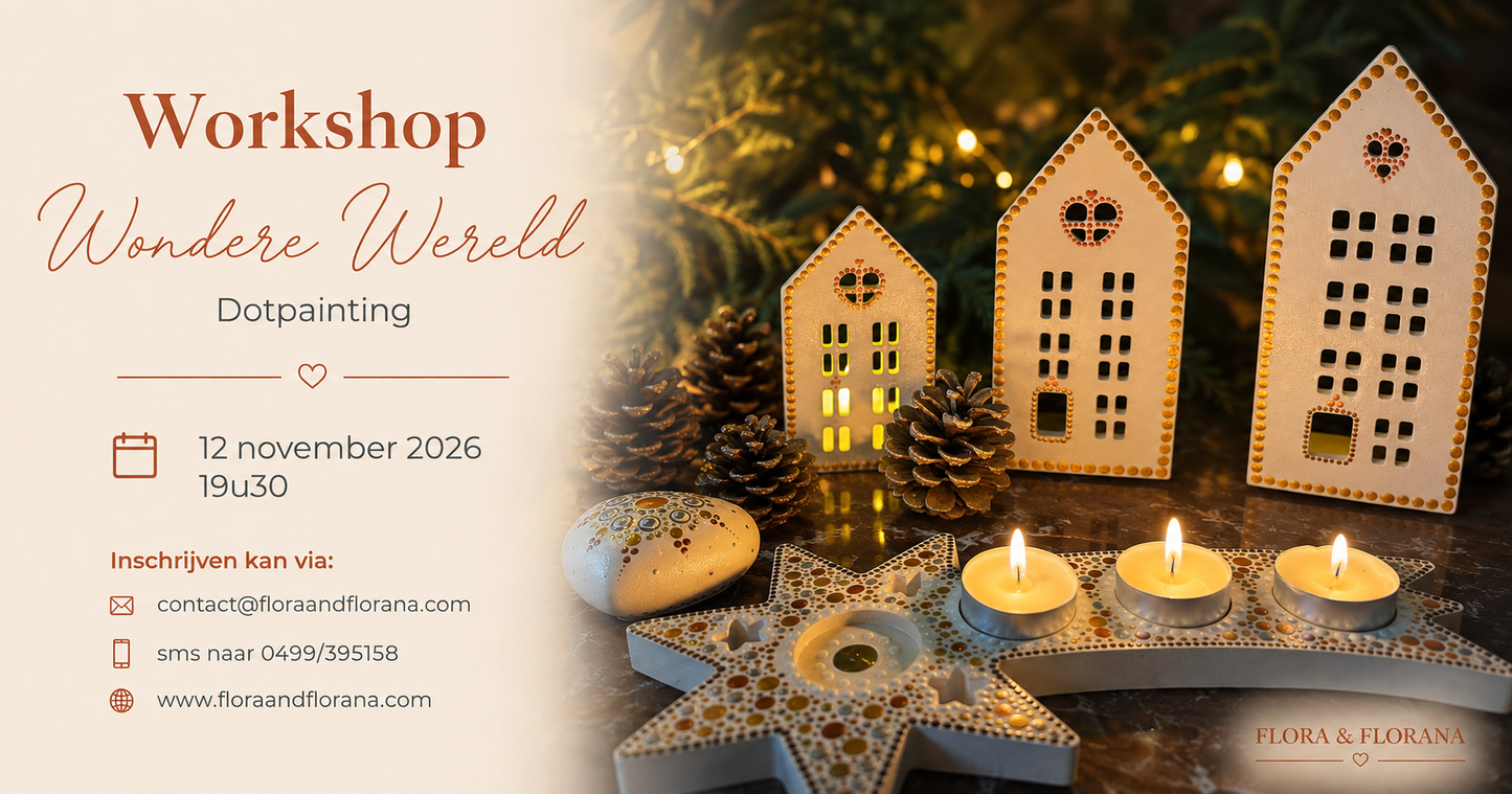 Workshop Wondere Wereld Dotpainting – sfeerbeeld met theelichtster en huisjes