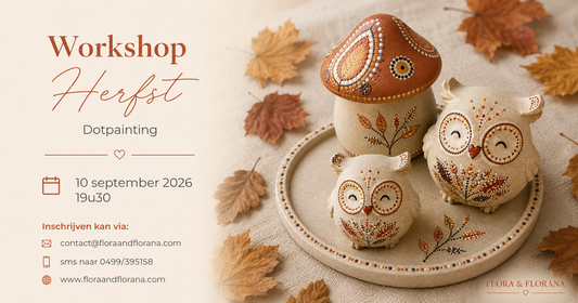 Herfstworkshop Dotpainting – sfeerbeeld met uiltjes en paddestoel in herfsttinten